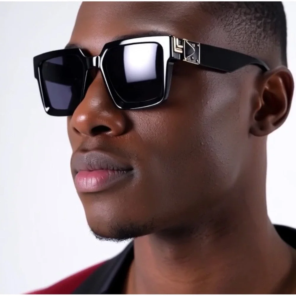 Mens Square Sunglasses Black Gold‎ Accents Designer Fashion Shades Hip Hop Cholo